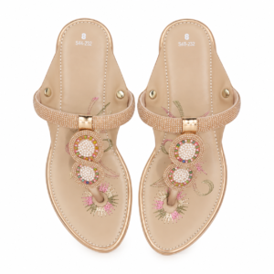 Women’s Beige Embellished Rhinestone Flat Sandals with Pearl & Floral Design