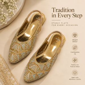 Women’s Golden Embellished Rhinestone Jutti Flats – Festive Ethnic Footwear