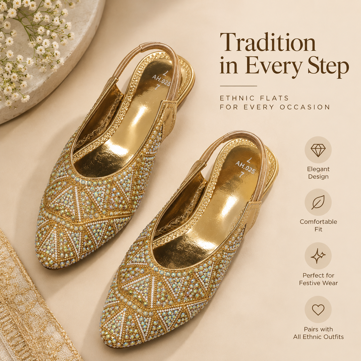 Women’s Golden Embellished Rhinestone Jutti Flats – Festive Ethnic Footwear