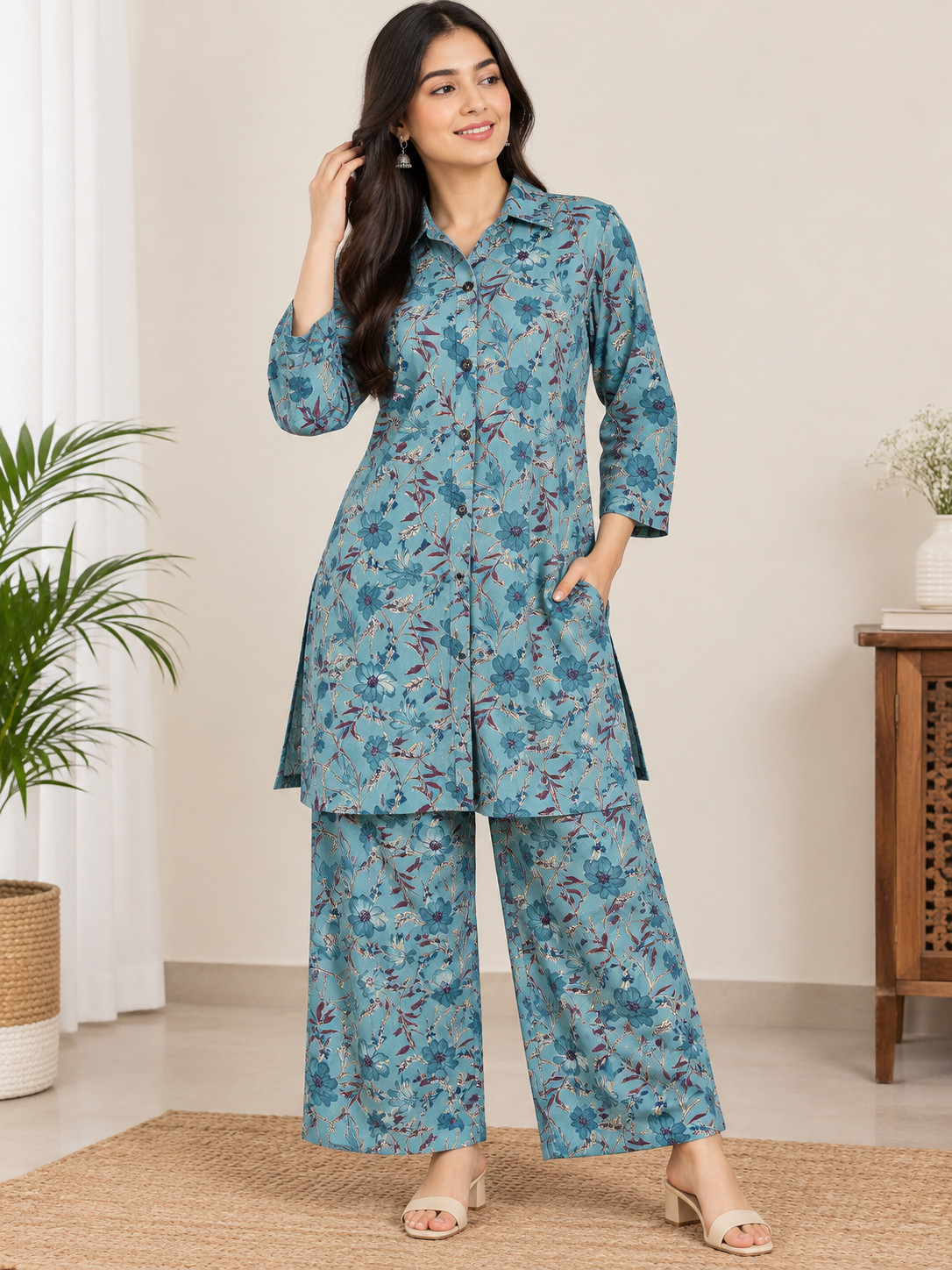 Women's Floral Printed Kurta Set with Wide-Leg Trousers