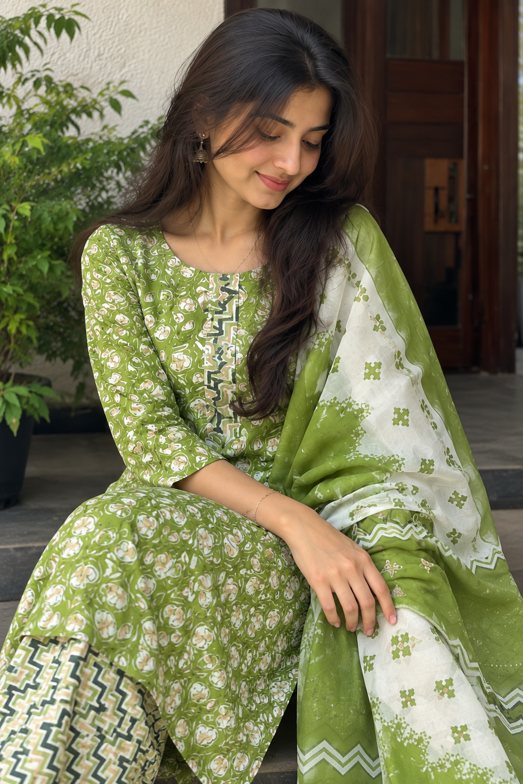 Olive Bloom Printed Kurta Set - Image 3