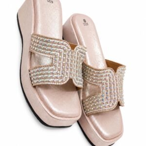 Women’s Stylish Embellished Platform Slide Sandals | Rhinestone Party & Casual Slip-On Sandals | Rose Gold