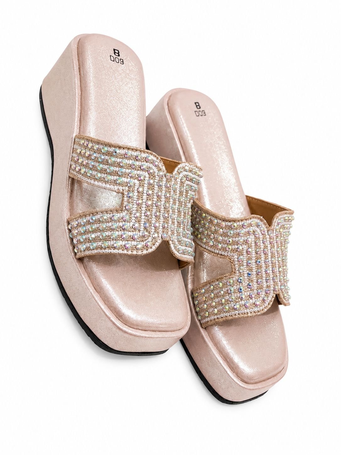 Women’s Stylish Embellished Platform Slide Sandals | Rhinestone Party & Casual Slip-On Sandals | Rose Gold
