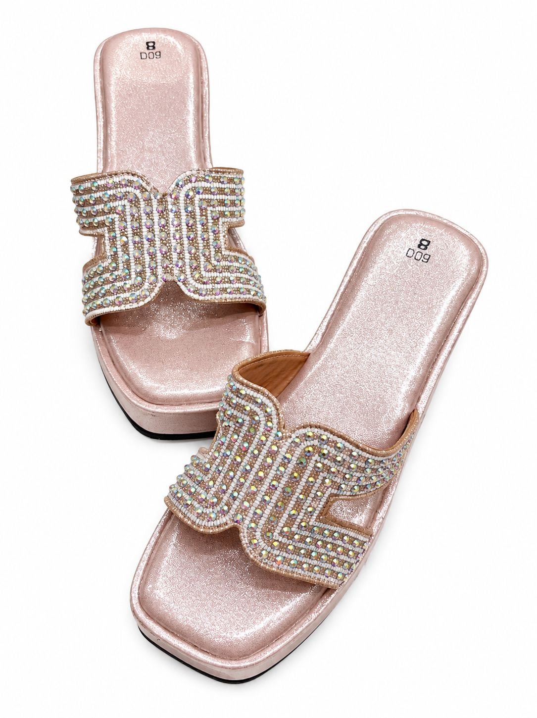 Women’s Stylish Embellished Platform Slide Sandals | Rhinestone Party & Casual Slip-On Sandals | Rose Gold - Image 2