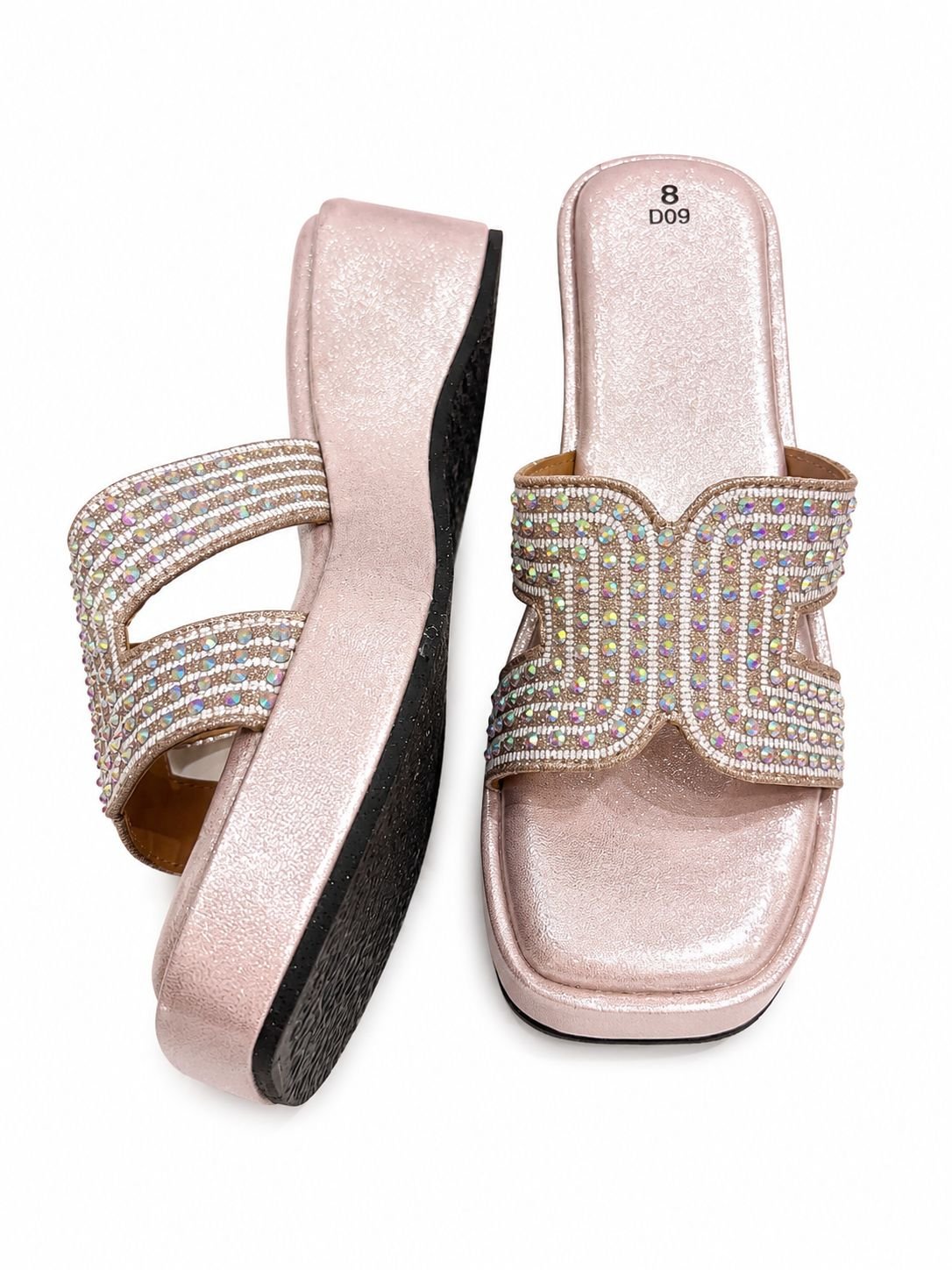 Women’s Stylish Embellished Platform Slide Sandals | Rhinestone Party & Casual Slip-On Sandals | Rose Gold - Image 4
