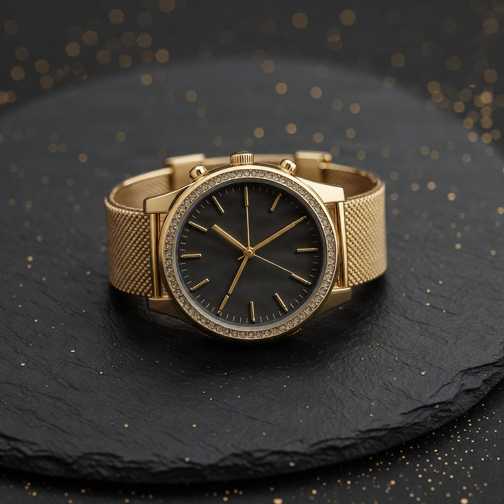 Premium fashion accessories, luxury dark background with gold accents